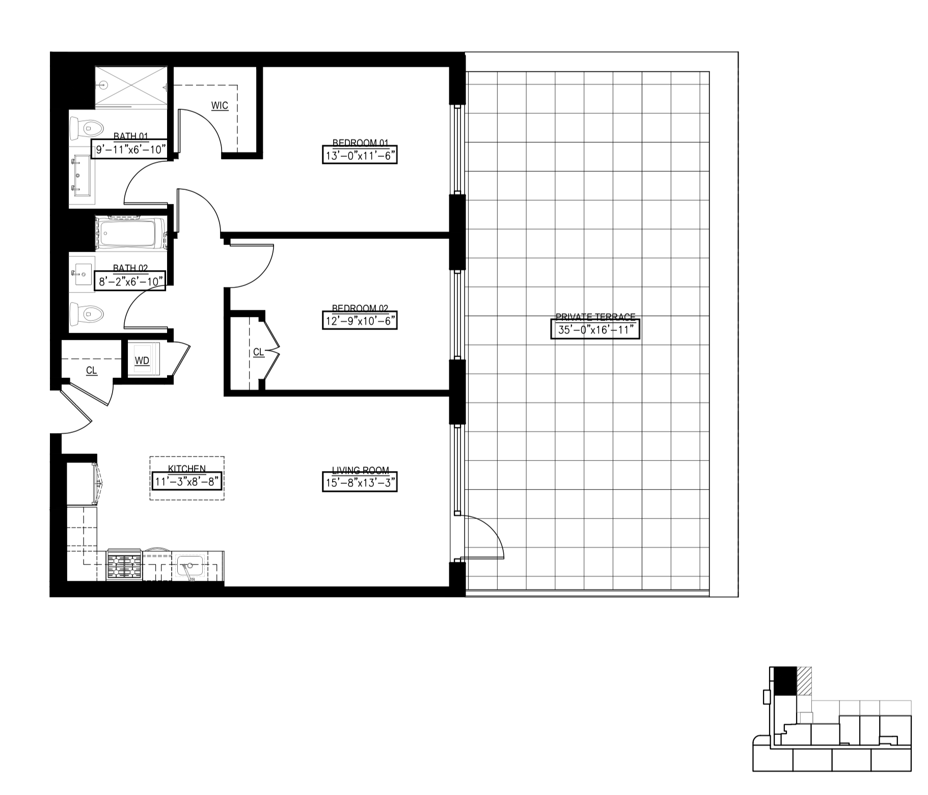 Floor plan for 2 beds, 2 baths, 1055 sqft